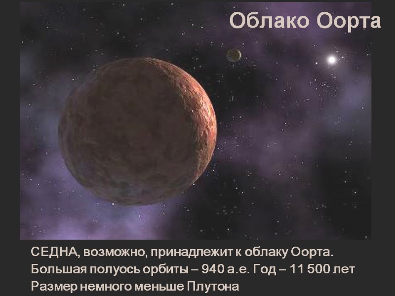 СЕДНА, возможно, принадлежит к облаку Оорта.  Большая полуось орбиты – 940 а.е. Год